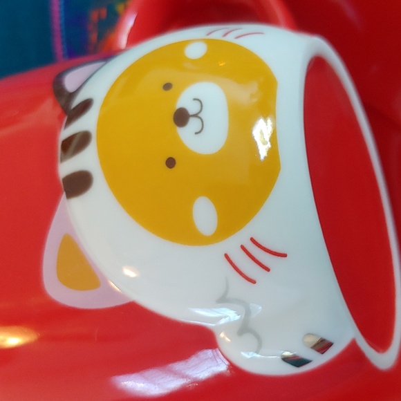 ๐ Kitty Cup & Saucer with Spoon, Red with Koi and Lotus design on Saucer - Picture 2 of 12